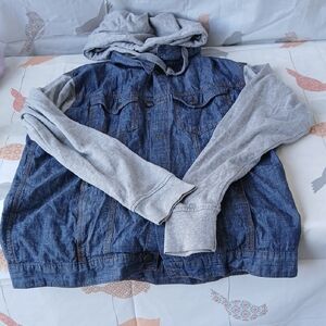 Pre-loved Denim Jacket with Gray Hoodie Sleeves